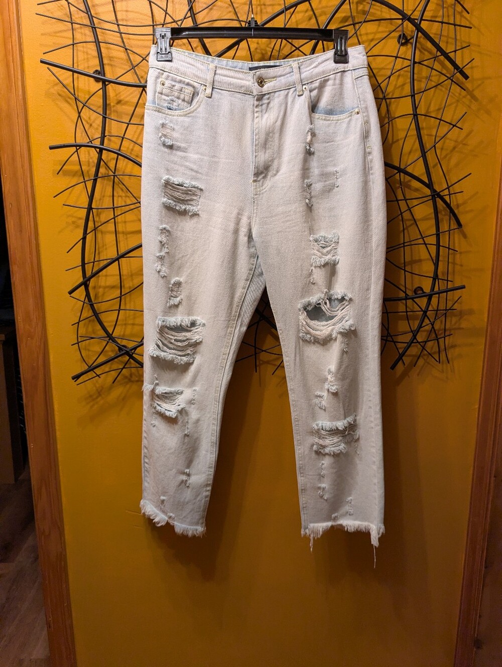 AKIRA Heavily Distressed High Rise Mom Jeans Light Wash